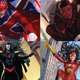 Collage combining comic book images of Captain Britain, Miles Morales, Mr. Sinister, and Spider-Woman